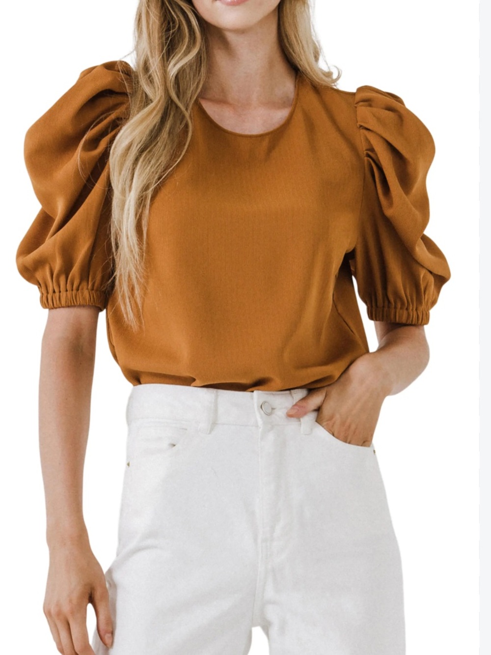 English factory 100% cotton poplin brown puff sleeve blouse sz small